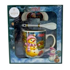 Set cana ceramica, farfurie si lingurita, Merry Christmas Snowman, ambalata in cutie cu fereastra, 200ml - Img 3
