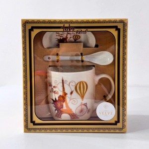 Set cana ceramica, farfurie si lingurita, Take me to Paris, ambalata in punga cu fereastra, 200ml - Img 2