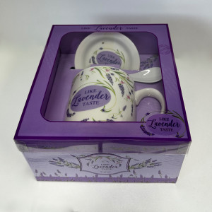 Set cana din ceramica Energy Mug, 300ml, cu lingurita si farfurie din ceramica, imprimata floral, in cutie eleganta, Lavender Taste - Img 4