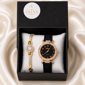 Set ceas dama cu cristale si bratara asortata, Negru-Rose Gold - Img 5