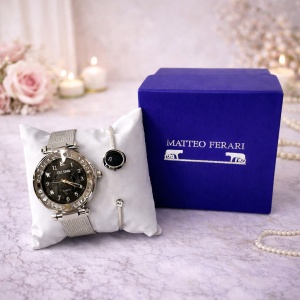 Set ceas elegant dama Francesca di Geneva Matteo, cu bratara asortata, Silver/Black
