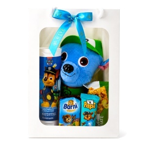 Set complet pentru baieti Chase Paw Patrol, jucarie de plus, gel de dus 2in1, selectie de dulciuri, in ambalaj premium cu funda - Img 5