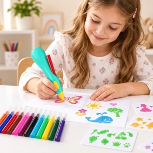 Set creativ cu aerograf electric pentru copii, 12 markere si 30 sabloane, reincarcabil USB, 6+ ani - Img 2