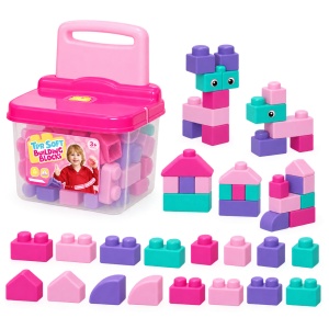Set cuburi moi de constructie, 20 piese mari, cutie de depozitare cu functie de scaun, 3 Ani+, roz