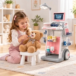 Set de joaca Dentist cu carucior medical mobil, 26 piese, lumini si sunete, roz, 3+ ani - Img 4