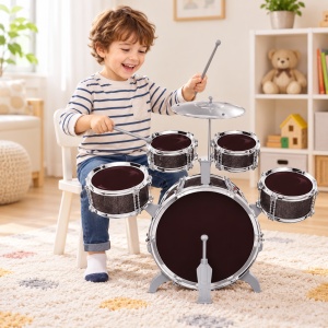 Set de tobe pentru copii Jazz Drum, 5 tobe si cinele, negru, 3+ ani - Img 3