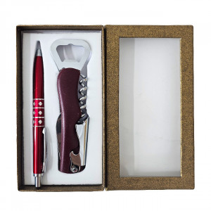 Set doua piese practice cu pix metalic si deschizator sticle cu tirbuson, in cutie aurie cu fereastra, Bordo 1