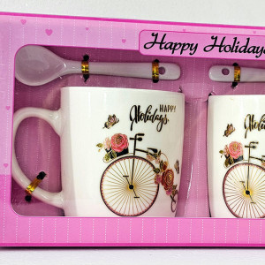 Set elegant ceramic, Happy Holidays, cu doua cani imprimate, 300ml si doua lingurite ceramice, in cutie eleganta, Retro Bicycle, Mov 2