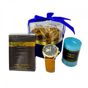 Set elegant Strong Vibe, cu Parfum Ramz Lattafa 30ml, Ceas Analog casual si lumanare decorativa 7cm, in cutie cadou, Albastru - Img 5