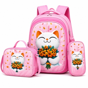 Set ghiozdan fete pentru scoala 3 piese cu pisicuta si flori, roz, 42 x 33 cm