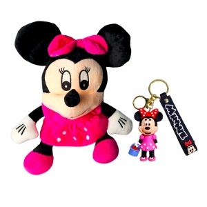 Set Minnie roz, jucarie de plus 35 cm si breloc, in punga de cadou