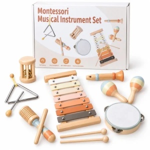Set Montessori de instrumente muzicale pentru copii, xilofon, tamburina, maracas si accesorii, Lemn, 3 ani+