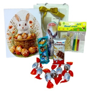 Set Paste Bunny Paint Joy pentru copii cu iepuras, dulciuri, puzzle si set creativ DIY, in punga cadou
