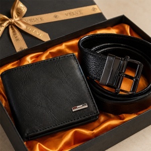 Set pentru barbati Essential Black cu portofel si curea neagra din piele eco, in cutie eleganta - Img 2