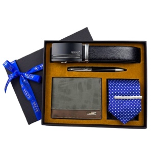 Set pentru barbati JESOU COLLECTION, cutie premium cu portofel, curea, cravata cu ac si pix elegant, Negru - Albastru