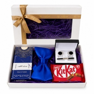 Set pentru barbati Royal Blue Edition, cu parfum arabesc Sayaad Al Quloob 50 ml, papion albastru, butoni, ac de cravata si ciocolata - Img 2