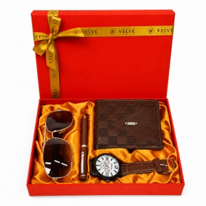Set premium barbati Urban Maverick, cu portofel din piele eco maro, ceas modern, ochelari de soare aviator si stilou in cutie eleganta