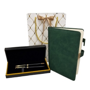 Set premium cu agenda din piele ecologica verde cu inchidere magnetica si caseta cu doua instrumente de scris, in punga eleganta - Img 2