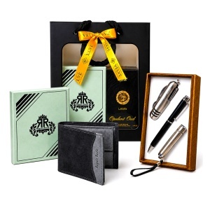 Set premium de lux pentru barbati cu parfum arabesc Lattafa Opulent Oud 100ml, portofel din piele Regalo Reale si set accesorii, in punga eleganta