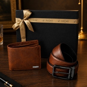 Set premium pentru barbati Essential Brown cu portofel si curea maro din piele eco, in cutie eleganta - Img 5