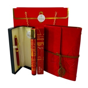 Set premium Prestige Red unisex, cu jurnal, pix si parfum M. F. Kurkdjian 35 ml, in cutie eleganta tip geanta