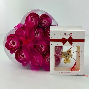 Set Purple Romance, trandafiri din sapun in cutie inima, ciocolata Schogetten si jurnal elegant mov - Img 2