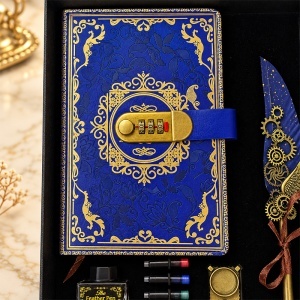 Set Regal Secret cu agenda albastra cu cifru, stilou cu pana, calimara, 5 rezerve de cerneala si suport auriu - Img 2
