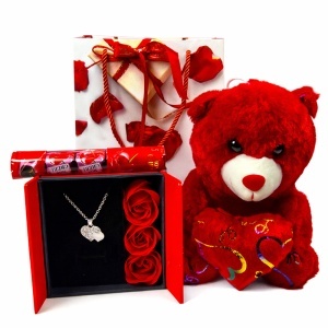 Set romantic cu ursulet de plus rosu, lantisor cu pandantiv inima, 3 trandafiri rosii de sapun si praline