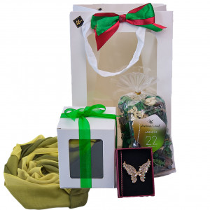Set Special Spring, cu esarfa, brosa si flori uscate parfumate, ambalate in cutie eleganta, Verde - Img 5