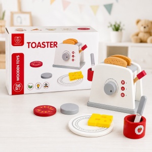 Set toaster din lemn pentru copii, cu paine si accesorii pentru mic dejun, 3 ani+