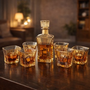Set whisky Amber Cube cu decantor si 6 pahare fumurii, design modern, in cutie eleganta - Img 3
