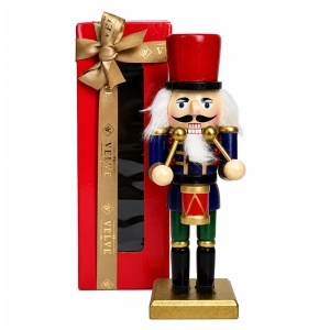 Spargator de nuci decorativ de Craciun, soldatel cu toba si palarie rosie, 25 cm, in cutie cadou