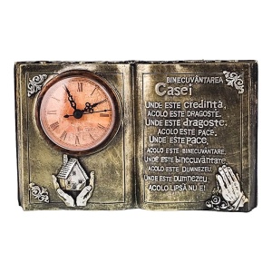 Statueta cu Ceas Analog din rasina, tip carte cu mesaj "Binecuvantarea casei", Maro, 24x14 cm