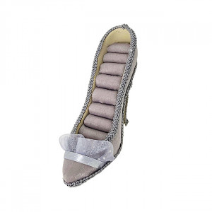 Suport bijuterii sub forma de pantof, cu catifea, in cutie eleganta cu funda, Gri - Img 3