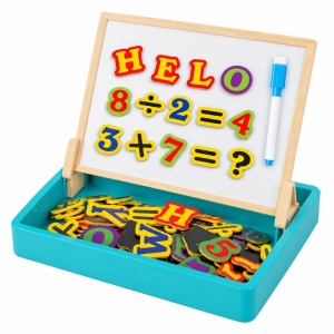 Tablita magnetica educativa 2 in 1 WB Wooden Toys, 42 litere, cifre si simboluri, marker si cutie, 3+ ani