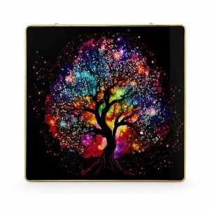 Tablou decorativ modern Copacul Vietii Multicolor 3D in relief, cu cristale, rama aurie, 40x40 cm