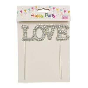 Topper decorativ LOVE cu strasuri si perle albe, argintiu - Img 3