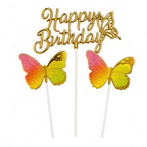 Topper Happy Birthday cu fluturi decorativi, auriu