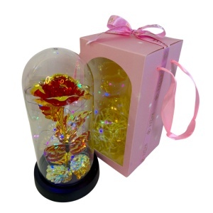 Trandafir artizanal rosu-auriu cu efect metalic si iluminare LED, in cupola din plastic - Img 6
