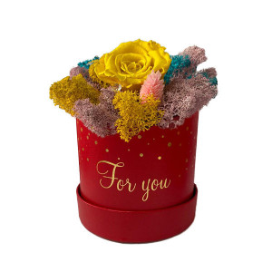 Trandafir criogenat Amour Rouge decorat in cutie cu licheni naturali stabilizati Galben