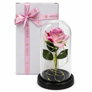 Trandafir decorativ cu LED, in cupola transparenta, 20 cm, in cutie cadou, Roz - Img 7