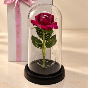 Trandafir decorativ cu LED, in cupola transparenta, 20 cm, in cutie cadou, Bordo - Img 6