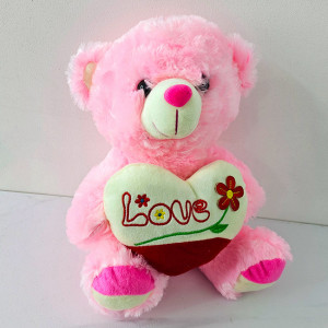 Ursulet de plus BUBU, cu inimioara si imprimeu Flower cu text "LOVE", inaltime 30 cm, Roz 3