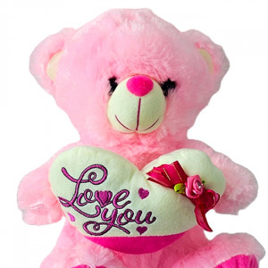 Ursulet de plus BUBU, cu inimioara, sunete de iubire si imprimeu , inaltime 30 cm, Roz - Img 3