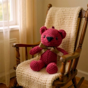 Ursulet de plus crosetat Robi, cu fundiță, Inaltime 18 cm, Bordo - Img 4