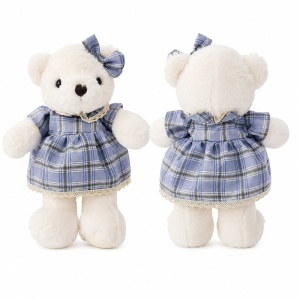 Ursulet de plus premium, fetita cu rochita in carouri bleu, inaltime 35 cm - Img 2