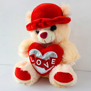 Ursulet de plus Pudding, palarie cu bentita satinata si inimioara imprimata "Love", inaltime 30 cm, Crem 2