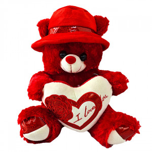 Ursulet de plus Pudding, palarie cu bentita satinata si inimioara imprimata "Love", inaltime 30 cm, Rosu - Img 8