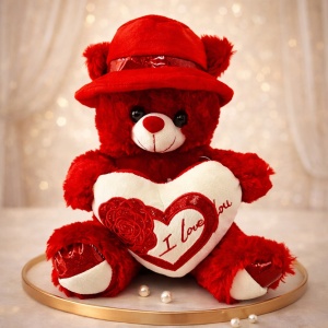 Ursulet de plus Pudding, palarie cu bentita satinata si inimioara imprimata "Love", inaltime 30 cm, Rosu
