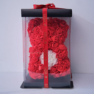Ursulet floral 25cm, cu LED-uri luminoase, din trandafiri spuma rosu cu inima rosie, in cutie cadou